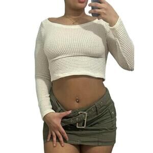 XS‎ Ivory Boat Neck Long Sleeve Crochet Crop Top Knit Sheer Stretchy Y2k